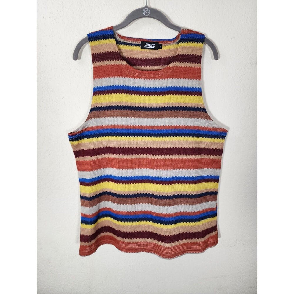 JOGAL Womens M Striped Tank Top Crochet Knit Mesh Retro 70s Boho Sleeveless